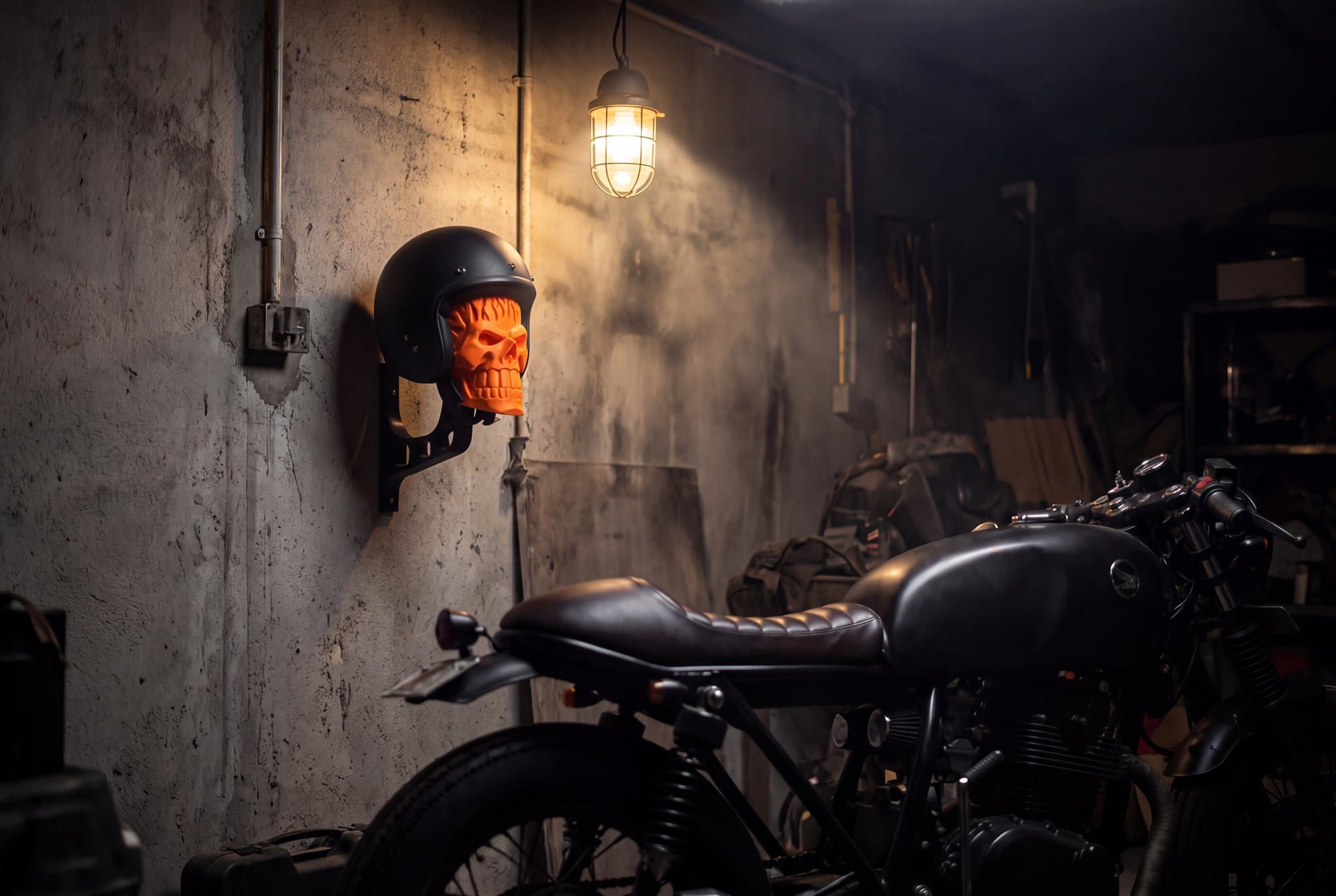 A SKELMET mount bolted to a workshop wall